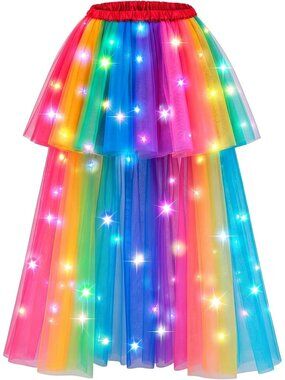 Women LED Light Up Tulle Tutu Skirt High Low Fluffy Sequin Ballet Dress-Multi B